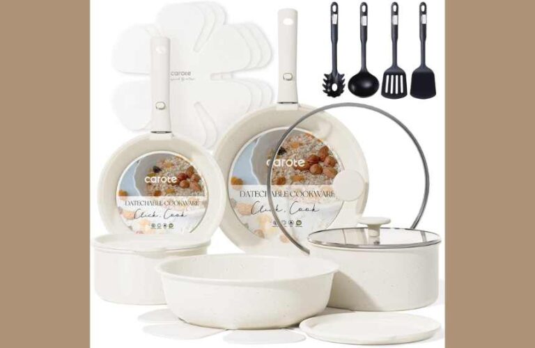Revolutionary CAROTE 19-Piece Nonstick Cookware Set with Detachable Handle – Space-Saving, Induction & Oven Safe! Perfect for RV, Small Kitchens & Everyday Cooking.