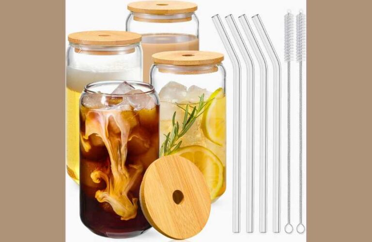 Elevate Your Sips: 4-Pack 16oz Bamboo Lid & Glass Straw Drinking Glasses – Perfect Iced Coffee, Tea & Beer Cups + Cleaning Brushes. Aesthetic & Eco-Friendly Gift Set