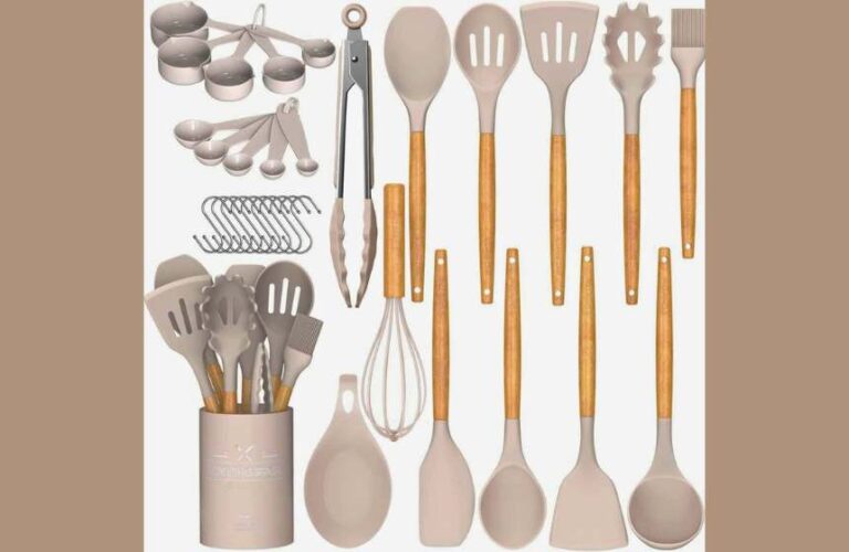 Upgrade Your Kitchen: Umite Chef 33-Pc Premium Non-Stick Silicone & Wooden Utensil Set with Holder – The Complete Cooking Gadget Collection in Stylish Khaki!