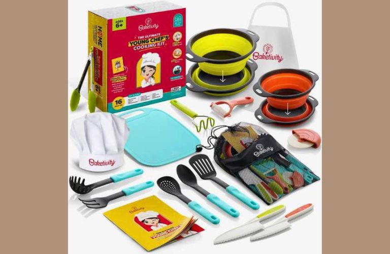Baketivity Kids Cooking Set for a Tasty New Year – Real Utensils with Kitchen Tool Guide – Complete Junior Baking Gift for Boys & Girls: Mixing Bowls, Cutting Board, Knife, Apron – Real Cooking for Kids.