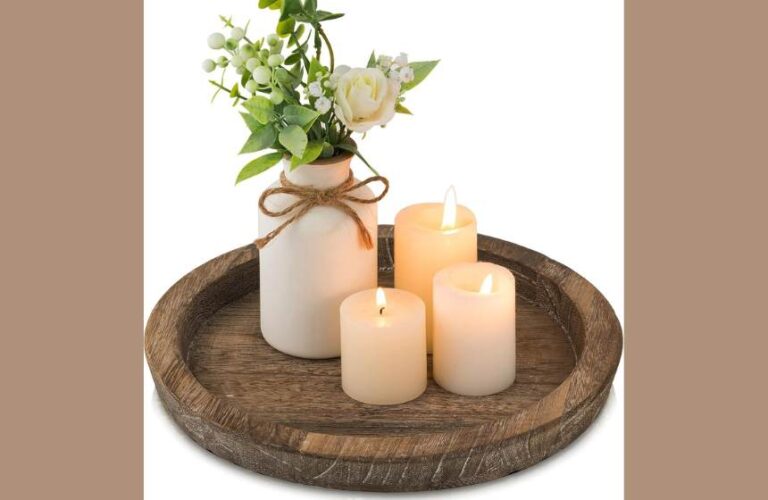 Hanobe Rustic Wood Candle Tray – Cozy Farmhouse Christmas Centerpiece for Dining Table, Round Distressed Decorative Plate for Pillar Candles, Warm Holiday & Winter Home Decor