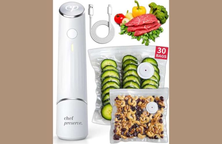 Chef Preserve Handheld Vacuum Sealer Machine with 30 Reusable Bags – Portable Rechargeable Food Sealer for Meal Prep & Travel – Wireless Vacuum Food Saver for Freshness (White)