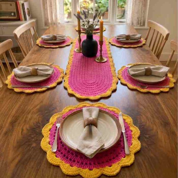 Hand-Crocheted/কুশিকাটার তৈরী Table Runner & Placemat Set (Pink & Yellow)