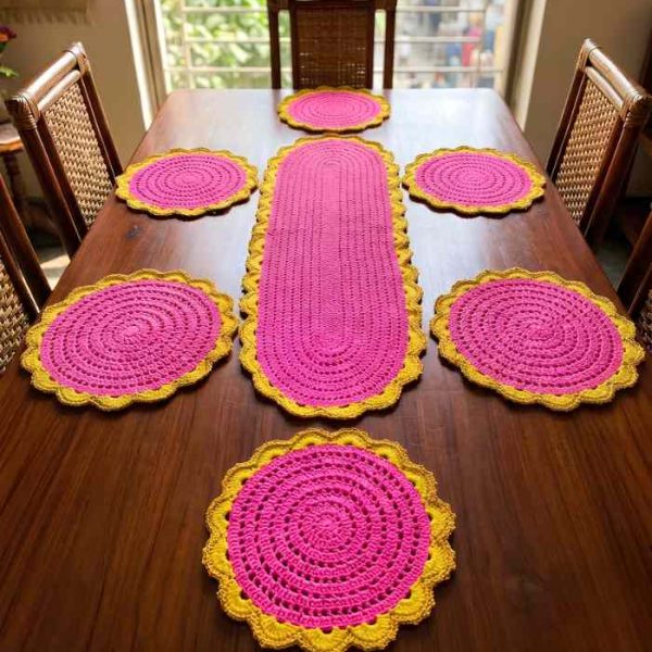 Hand-Crocheted/কুশিকাটার তৈরী Table Runner & Placemat Set (Pink & Yellow)